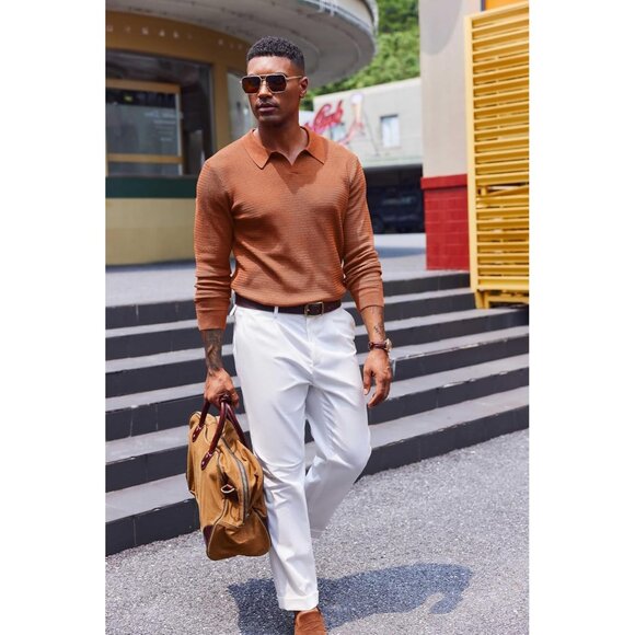 Men's Knit Polo Sweater V-Neck Long Sleeve Dress Pullover Sweater Light Brown - Picture 2 of 5